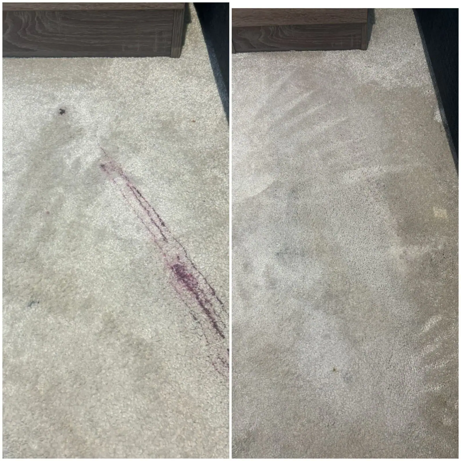 Red stain removal from a carpet before and after