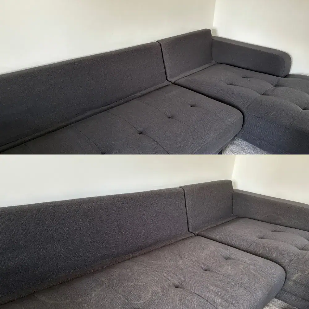 Dark grey corner sofa cleaned before and after